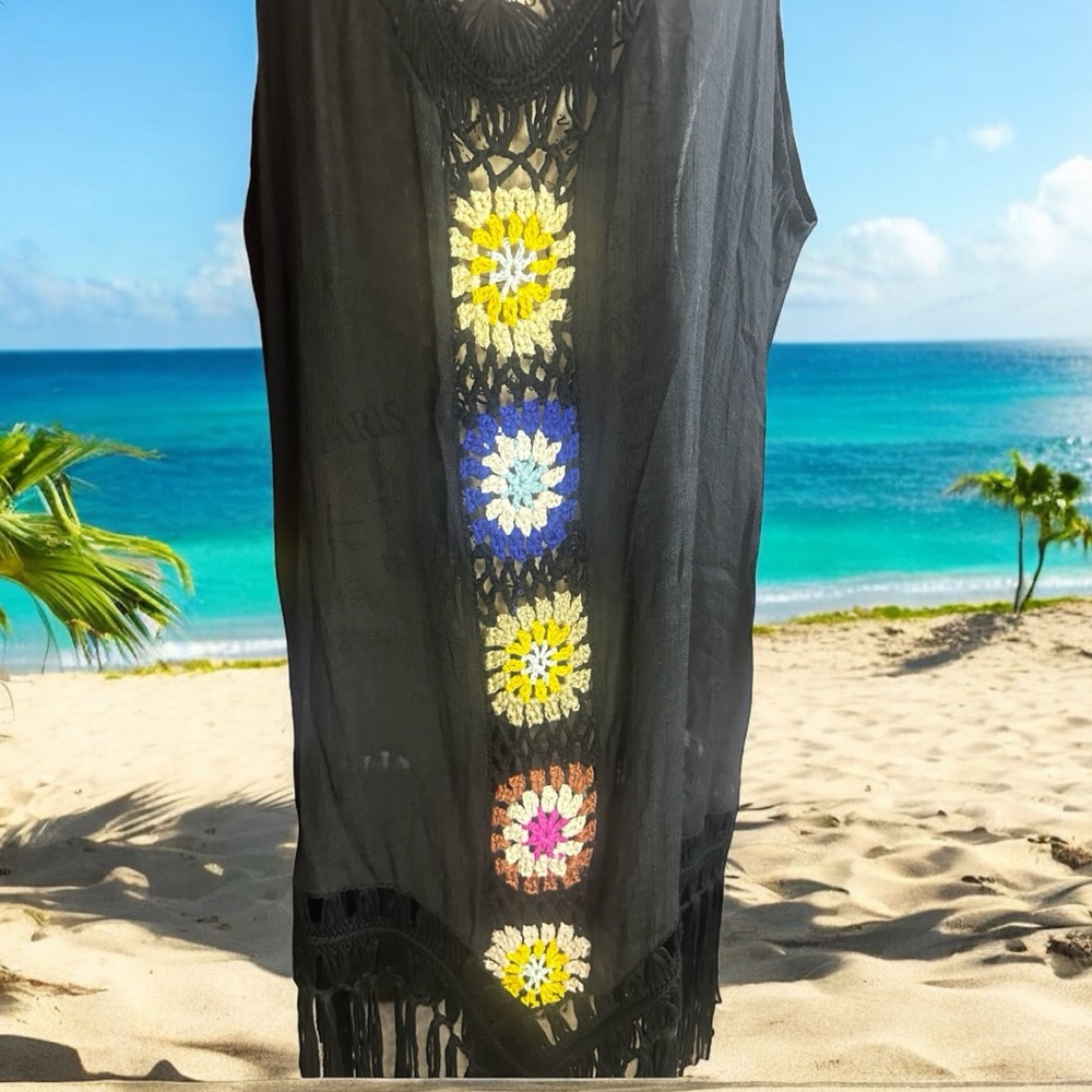 Fringe Floral Black Swim Coverup - Picture 3 of 8